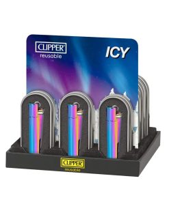 Encendedor Clipper Metálico Icy tornasol junto a su caja metalica