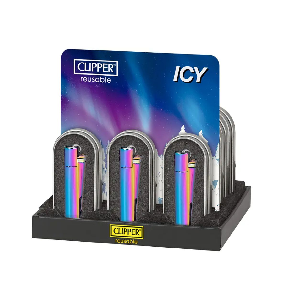 Encendedor Clipper Metálico Icy tornasol junto a su caja metalica